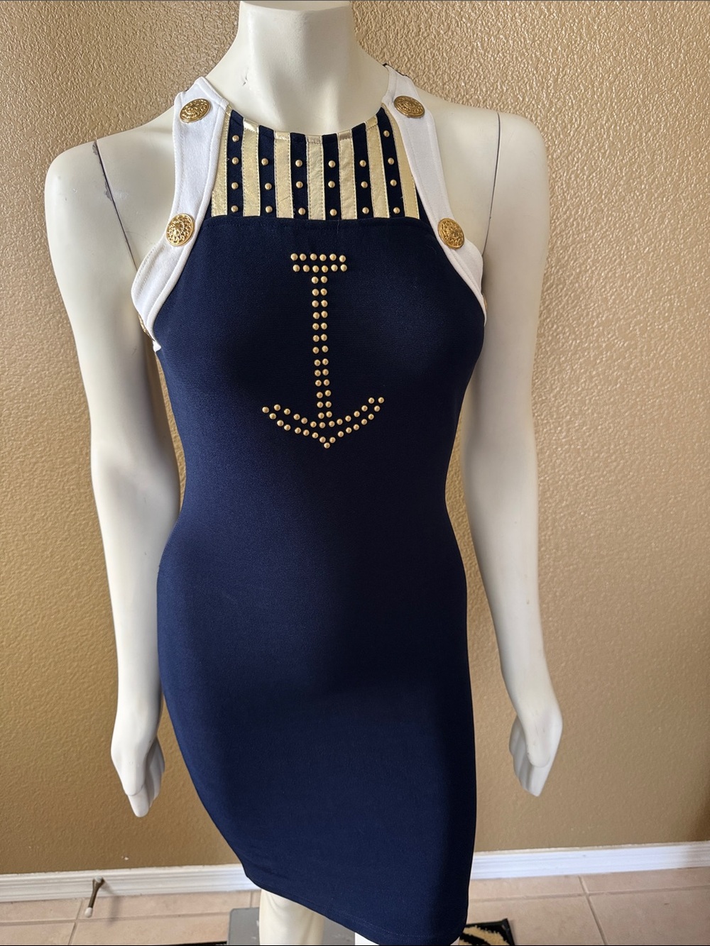 Navy & White Studded Anchor Halter Dress